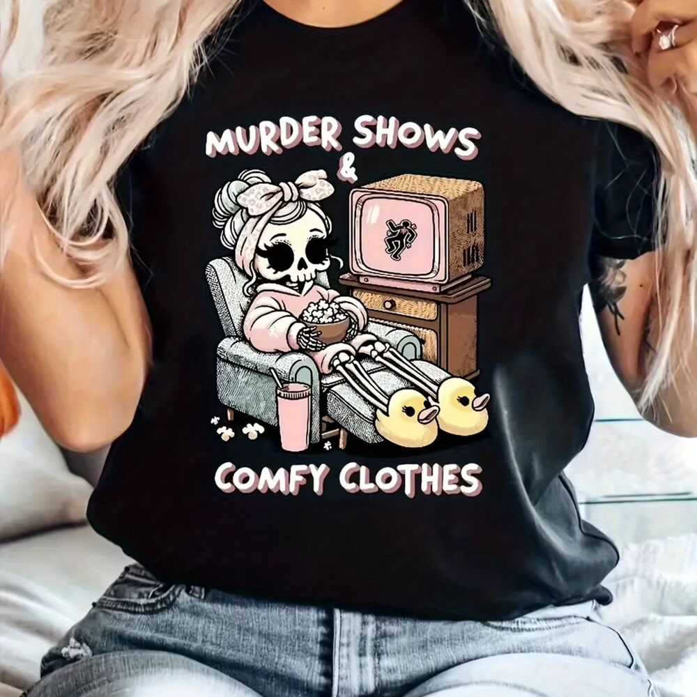 Murder Shows & Comfy Clothes, humorous skeleton T-Shirt, L